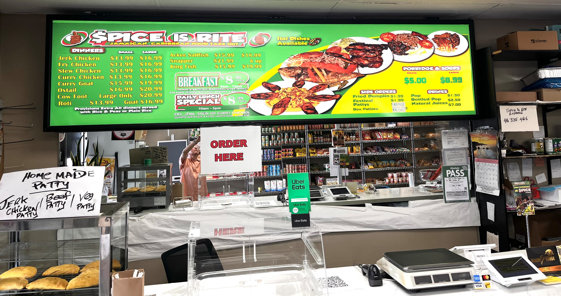 Spice Is Rite in-store menu board with dinner prices
